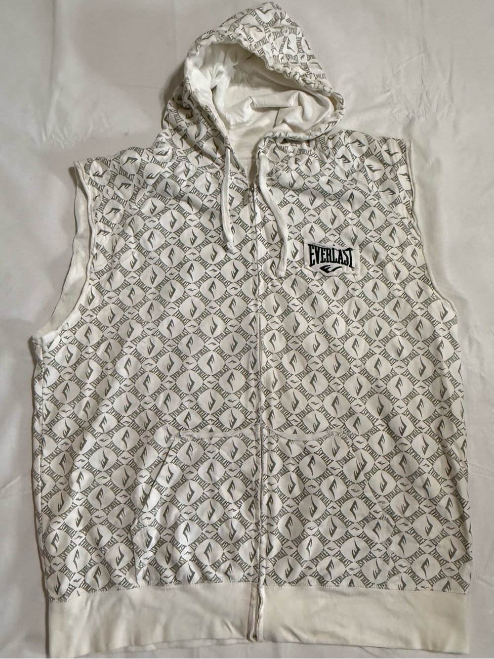 Y2k Everlast White Hooded Sleeveless Zip Front Jacket with Gray Logo Pattern XXL